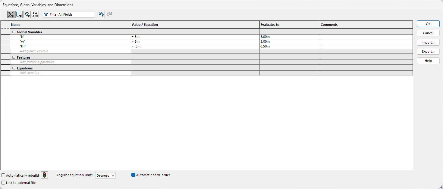 Initial Dimensions in Equation Tab